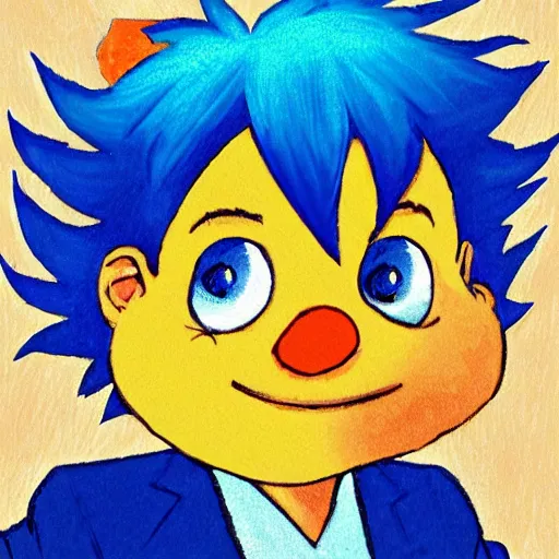 Prompt: a cartoon character with blue hair and an orange nose, a screenshot by master of the bambino vispo, pixiv, post - impressionism, hd, 2 d, uhd image