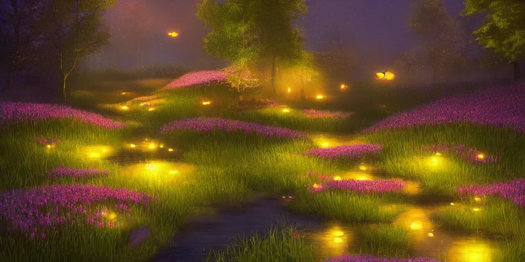 Image similar to fireflies around water inspired by Evgeny Lushpin,flower meadow,spring,cinematic,trending on ArtStation