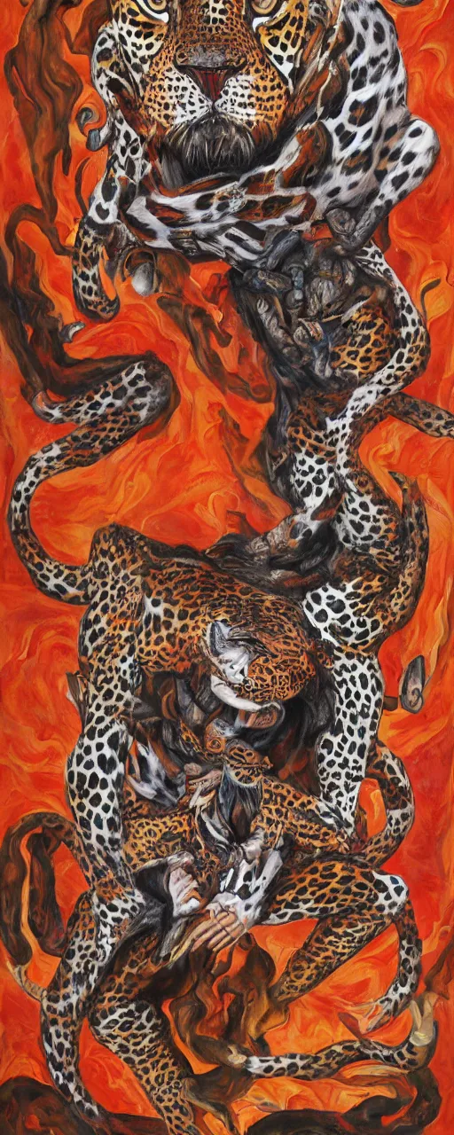 Image similar to an intricated and detailed painting of a shaman turning into a jaguar by jose clemente orozco 4 k render