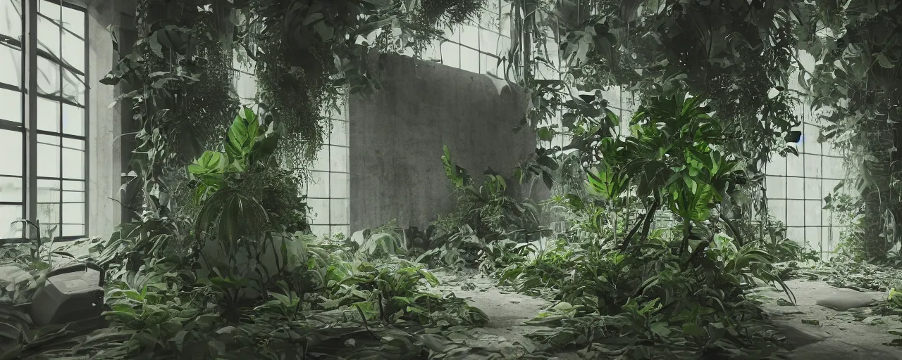 Image similar to An abandoned overgrow hazy laboratory with monstera plants, detailed, 4k, moody atmosphere,octane render, sharp focus,