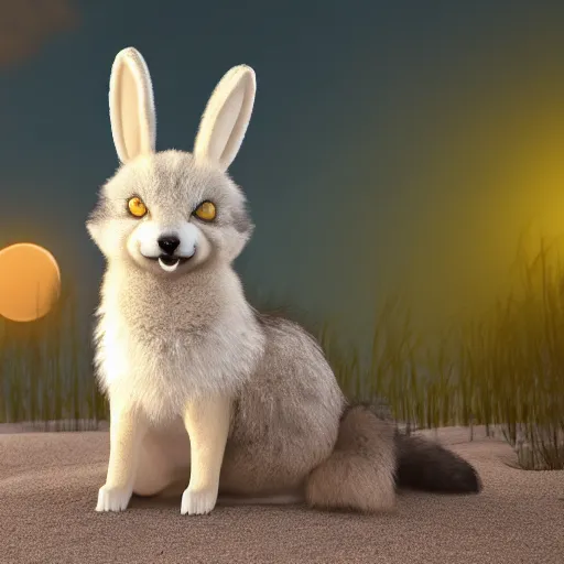 Image similar to a photorealistic adorable chubby charming but vicious fennic fox wolf rabbit hybrid, with long floppy rabbit ears, wearing bows on the top of its head, grinning at the camera with a mischievous look, sharp teeth, happy lighting, at a tropical beach