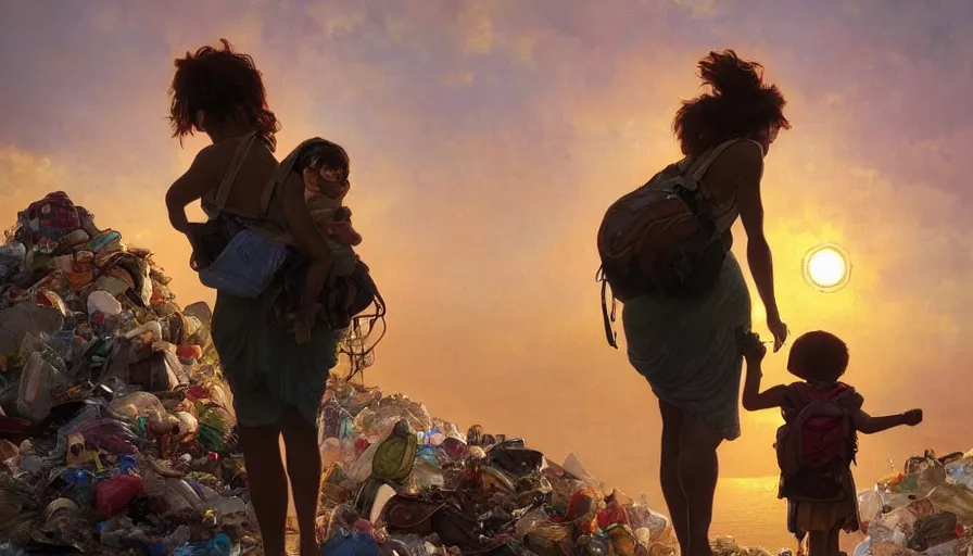 Image similar to poor detailed mom with child with backpack looking for food at garbage dump, city is pure wasteland, sunset in background, detailed characters, alphonse mucha, greg rutkowski, trending on artstation, artgerm, breathtaking, sharp focus, smooth, mark arian, award winning, highly detailed 4 k art