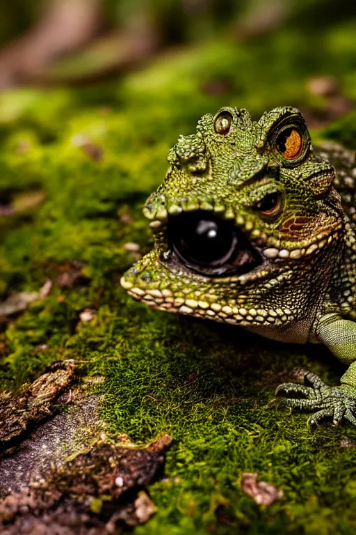 Image similar to a macro portrait photo of a gentleman lizard wearing a monocle and a top hat lounging on a moss covered rock, shiny scales, moss and vegetation, ancient forest, close - up, intricate details, intricately detailed textures, warm lighting, vivid colors, smoke and mist, hyper realistic octane render, volumetric shading, depth of field, raytracing, 8 k,