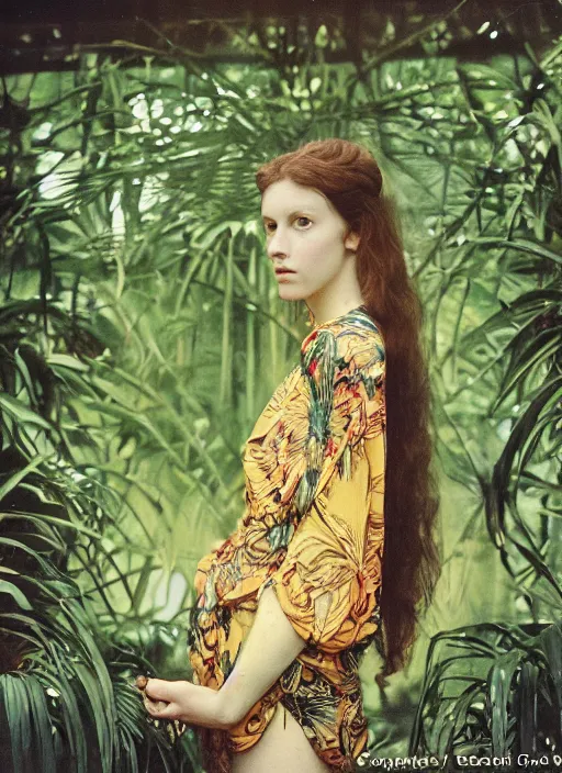 Prompt: Pre - raphaelit grainy head to shoulder portrait Polaroid film photograph of an elegant top model wearing a yellow kimono with a very detailed barn owl on her shoulder!!! in a tropical greenhouse. looking at the camera!!. super resolution. Extremely detailed. Polaroid 600 film.