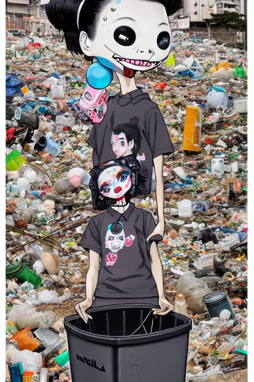 Image similar to full view, from a distance, of anthropomorphic trashcan from tokyo, full of trash, style of yoshii chie and hikari shimoda and martine johanna, highly detailed