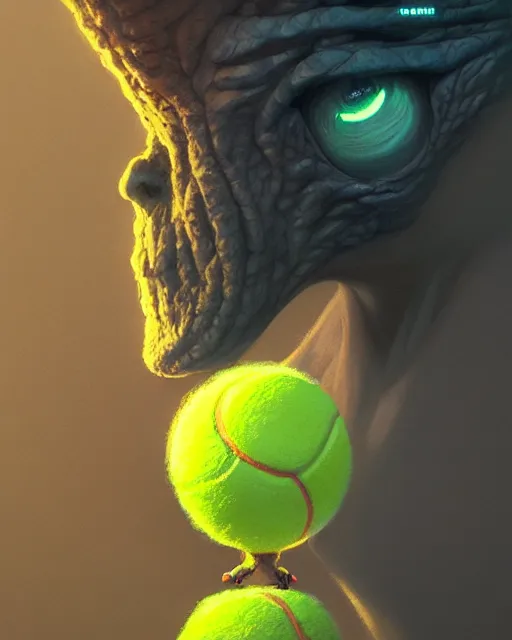 Image similar to highly detailed vfx portrait of a character of a tennis ball monster stephen bliss, chalk, unrealengine, greg rutkowski, loish, rhads, beeple, chalk, makoto shinkai and lois van baarle, ilya kuvshinov, rossdraws, tom bagshaw, basil gogos