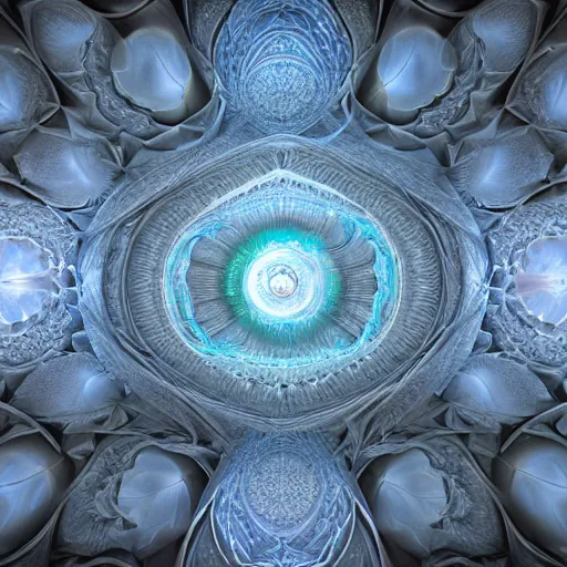 Prompt: a hyperrealistic 3 d painting of a huge sprawling fractal cathedral interior populated by mandelbrot fractals by android jones, unreal engine, carved stone, carved soap, white color scheme, volumetric lighting, octane render, dramatic lighting, glowing, carved marble, opalescent, sacred geometry, religious, angelic, catholicpunk, stark, 8 k, ultra detailed