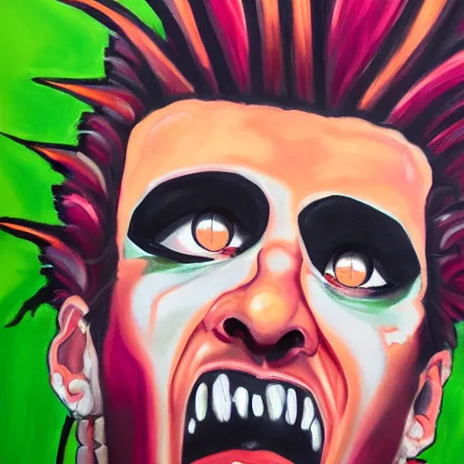 Prompt: realistic painting of a punk rocker with a mohawk sneering at the camera