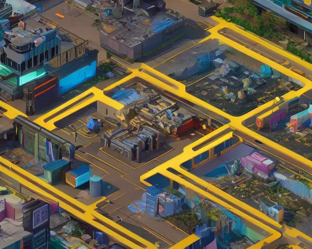 Image similar to isometric fictional 3 d land plot, moe art style inspired by cyberpunk 2 0 7 7, highly detailed map, realistic proportions, realistic lighting, hyperrealistic, octane render, unreal engine 5