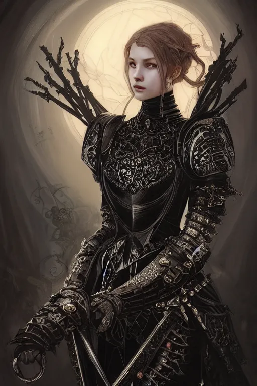 Image similar to beautiful luxury and gothic and victorian and evil young female medieval black armor knight portrait like lisa blackpink+smoky eyes+front face with light flowing hair, ultradetail face, art and illustration by tian zi and craig mullins and WLOP and alphonse mucha, ssci-fi, fantasy, intricate complexity, human structure, hypermaximalist, fantasy character concept, dynamic lighting, neon light, watermark, blurry, hyperrealism 8k