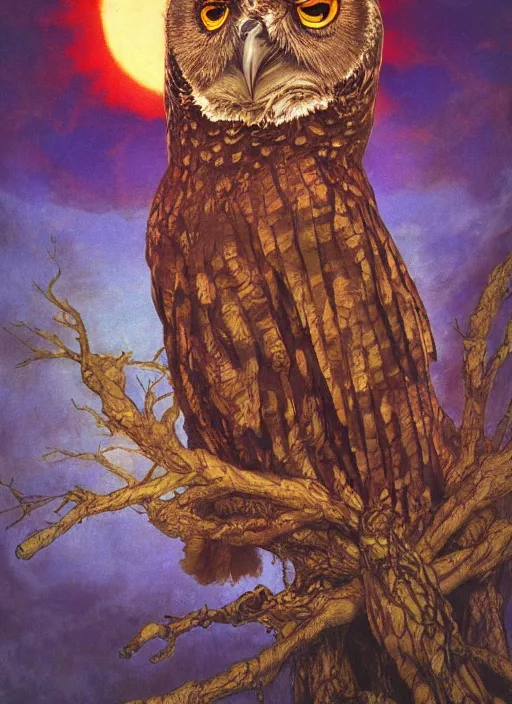 Prompt: biblical mage owl, deep gaze to the side, closeup, bright glowing veins, in clouds, sunset, portrait, by gerald brom, by mikhail vrubel, by terry richardson, by peter elson, muted colors, extreme detail, reflections, trending on artstation, 8 k