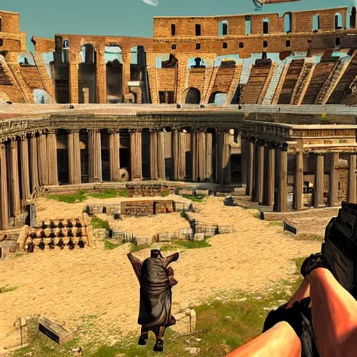 Prompt: screenshot from FPS game set in Ancient Rome