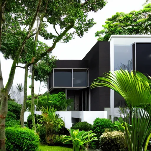 Prompt: modern house, surrounded by a lush jungle, hyper realistic, photo real,