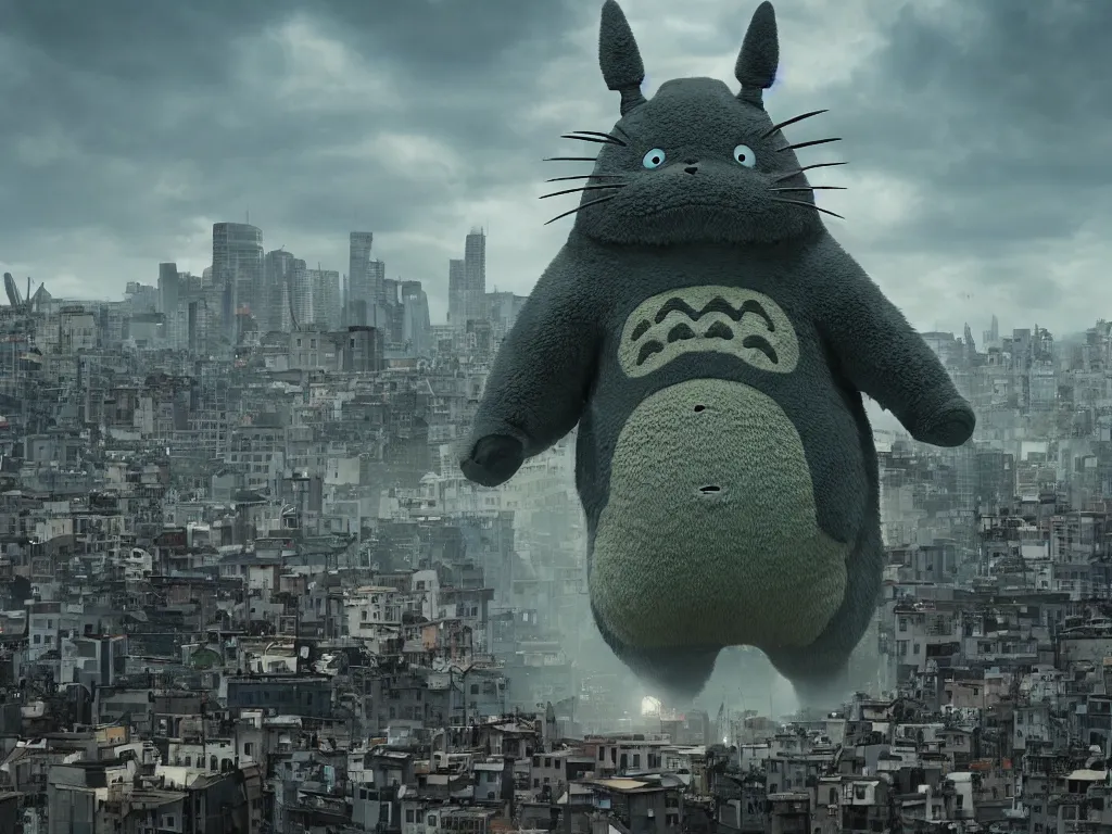 Prompt: Giant Totoro Kaiju towering over a city as people run away, photo realistic, movie still, 4k, 8k, action film