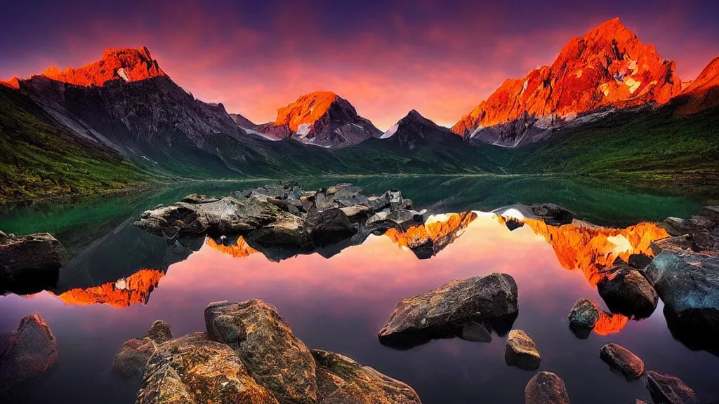 Image similar to amazing landscape photo of mountains with lake in sunset by marc adamus, beautiful dramatic lighting