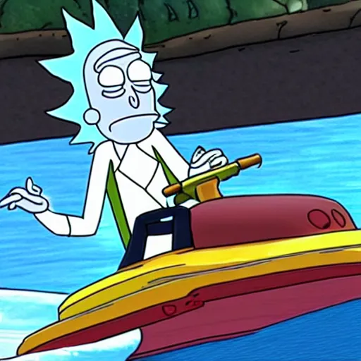 Image similar to rick and morty driving jetskis