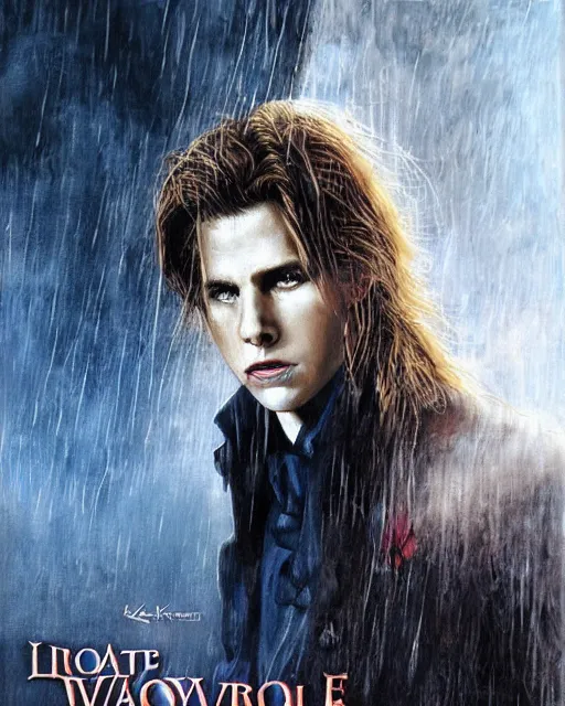 Image similar to alternate cover art for the movie interview with a vampire starring a long haired blonde tom cruise as lestat de lioncourt, face centered portrait, confident, unused design, nightmare world, fog, rain, volumetric lighting, realistic illustration, perfectly shaded, soft painting, art by krenz cushart and wenjun lin