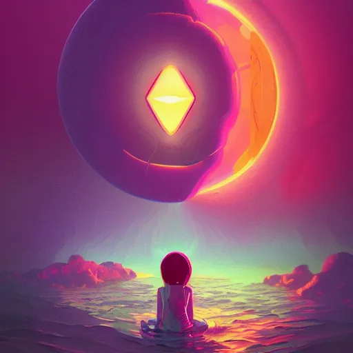 Image similar to steven universe, colourful breathtakingly weird beautiful powerful magical wonderfully majestic beautifully quirky incredibly cool character by michael whelan, moebius, beeple, dan mcpharlin, pascal blanche, symmetrical, serene expression, magical stormy reflections, smoke on water, sat down, 8 k artstation