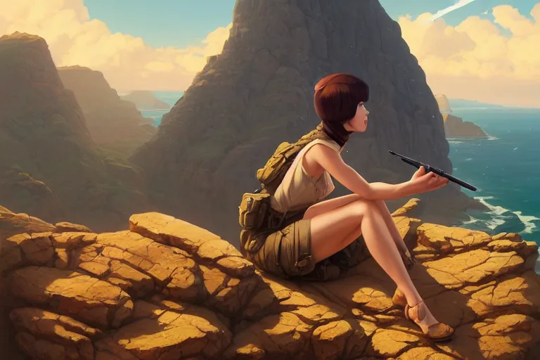 Prompt: a painting of a military woman sitting on a cliff, smoking a cigarette, a character portrait bytom bagshaw, rhads, makoto shinkai, lois van baarle, ilya kuvshinov, and rossdraws, global illumination, cg society, fantastic realism, intricate, detailed