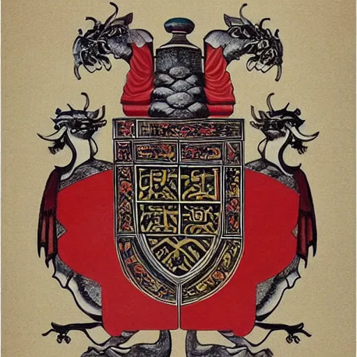 Prompt: “ asian heraldry, highly detailed, painted, realistic, historical, coat of arms ”