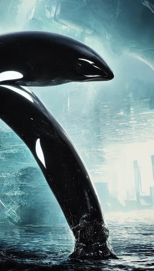 Image similar to color pentax photograph of a biomechanical orca spirit emerging from the sea, made up of bits of plastic and skin and metal, shiny, wet, made of nanomaterials, metallic, cyberpunk, post apocalyptic, hyper realistic, epic angle, beautiful composition, octane render, unreal engine render, 8k, super detailed, SLICK!!