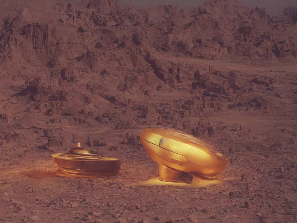 Image similar to glowing bene gesserit in full - face golden mask in a dry rocky desert landscape with abandoned city beneath the sand and giant alien spaceship in the sky attacks the earth by christopher doyle and alejandro jodorowsky, anamorphic lens, kodakchrome, cinematic composition, very detailed photo, 8 k,