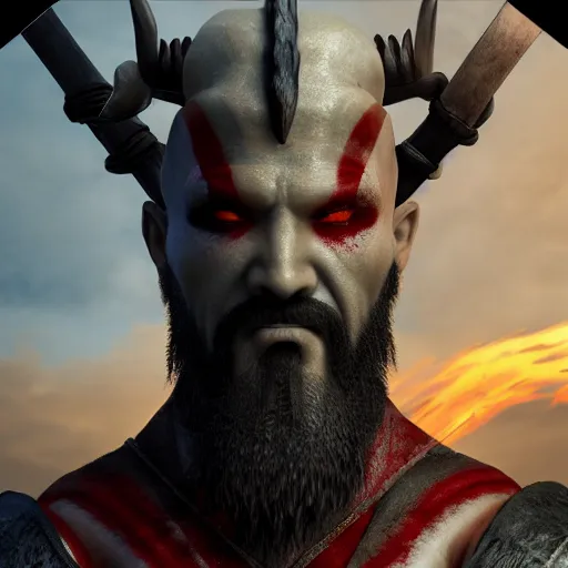 Image similar to an ultra detailed 3 d render of the sun tzu dressed like kratos as an elden ring boss, epic anime fantasy, 8 k, in the style of a fantasy metal album cover and magic the gathering, volumetric lighting, smooth, highly detailed, digital illustration, octane render, art by albert bierstadt and greg rutkowsi, artstation