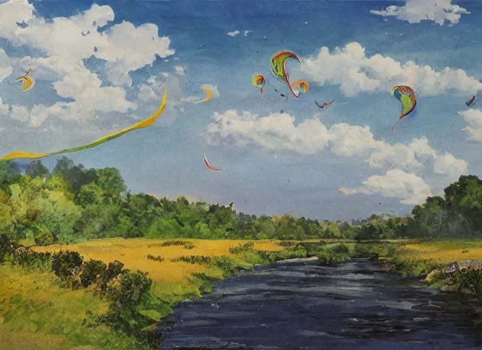 Prompt: a vast open meadow and rolling hills, pleasant village, stream river, kites in air, large fluffy clouds, painted by studio ghibli