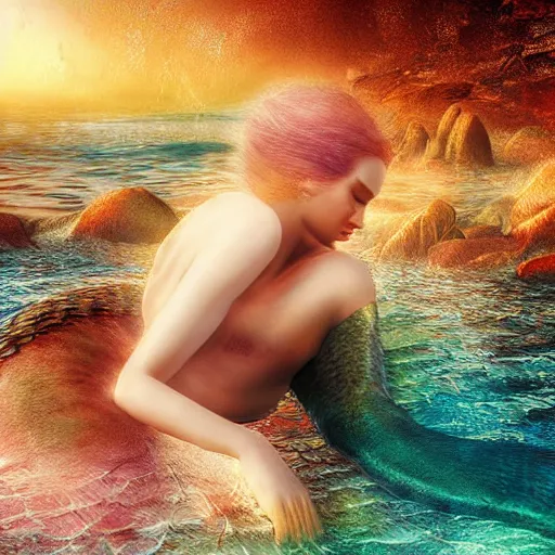 Image similar to mermaid dreaming masterpiece digital art, redshift render, hyperrealistic,