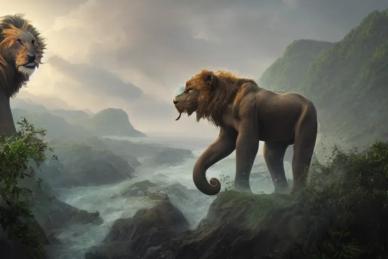 Image similar to the legendary island sized lion elephant hybrid, made by Stanley Artgerm Lau, WLOP, Rossdraws, ArtStation, CGSociety, concept art, cgsociety, octane render, trending on artstation, artstationHD, artstationHQ, unreal engine, 4k, 8k,