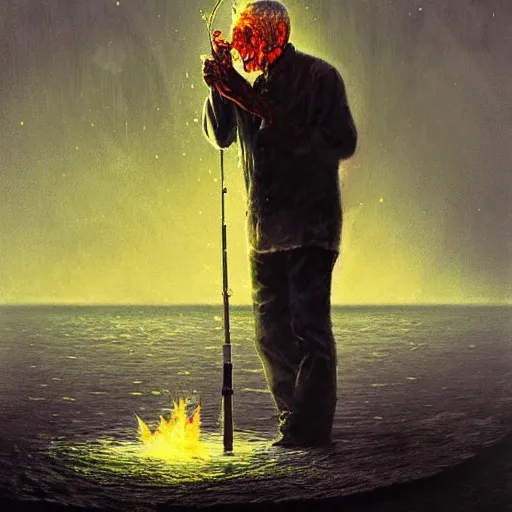 Prompt: UHD photorealistic Cosmic Zombie Alfred E. Newman fishing in a radioactive lake of fire, in the style of tonalism by Greg Rutkowski