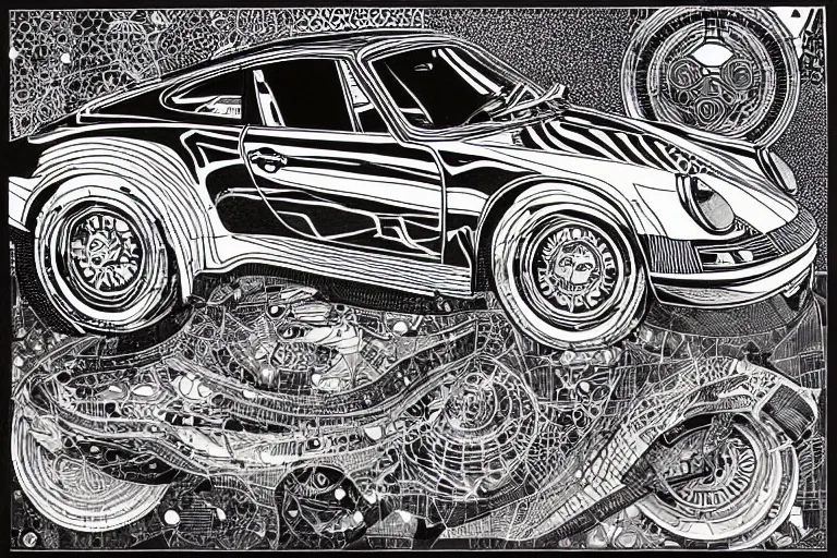 Image similar to a black and white drawing of a porsche 9 1 1, a detailed mixed media collage by hiroki tsukuda and eduardo paolozzi and moebius, intricate linework, sketchbook psychedelic doodle comic drawing, geometric, street art, polycount, deconstructivism, matte drawing, academic art, constructivism