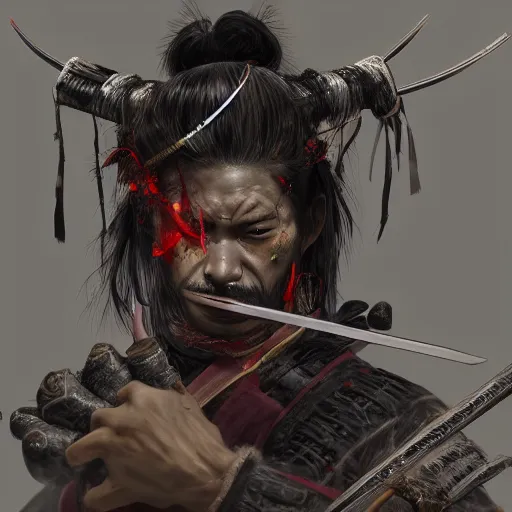 Image similar to Portrait of Sickly diseased dying Samurai warrior wielding a katana, by Feng Zhu, highly detailed, excellent composition, cinematic concept art, dramatic lighting, trending on ArtStation