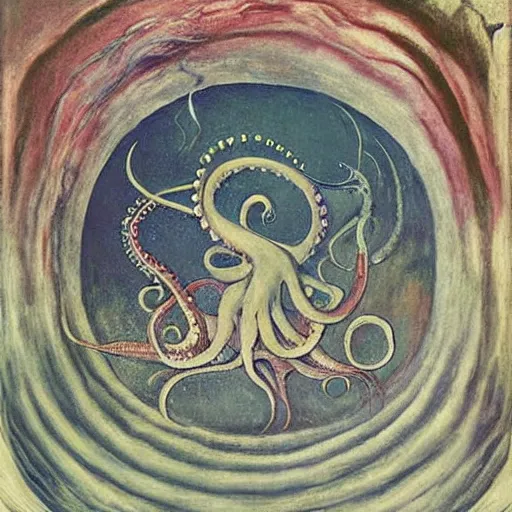 Image similar to Octopus Garden. El Greco, Remedios Varo, Salvador Dali, Carl Gustav Carus, John Atkinson Grimshaw. blues and pinks. Symetrical, logo, geometric shapes.