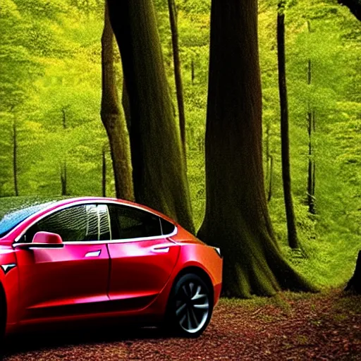 Image similar to renaissance painting of a tesla model 3 in a forest at sunset