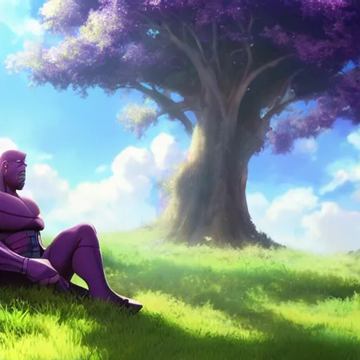 Prompt: photorealistic Thanos meets a beautiful smiling photorealistic Thanos sitting under a tree, anime key visual, digital art, anime screenshot, kyoto animation, makoto shinkai, trending on artstation