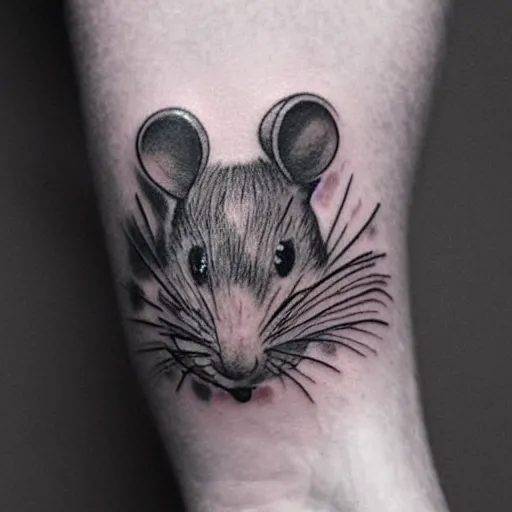 Prompt: tattoo of a cute rat, black, blue gray, pink, and white ink, detailed, hyperrealistic trending on artstation