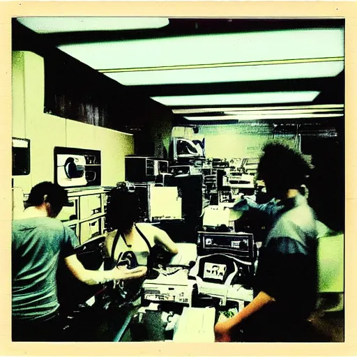 Prompt: “cowboy bebop electronics department in 1990. Polaroid”