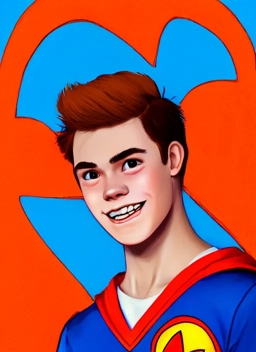 Image similar to friendly teenage archie andrews wearing an orange superhero costume with heart logo, heart, orange costume, blue cape, freckles, cape, heart emblem on chest, heart, blue cape, intricate, elegant, glowing lights, highly detailed, digital painting, artstation, sharp focus, illustration, art by wlop, mars ravelo and greg rutkowski