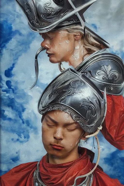 Image similar to hyperrealism oil painting, close-up portrait of medieval euopean fashion model, knight, steel gradient mixed with water swirls sky, in style of baroque mixed with 70s japan book art