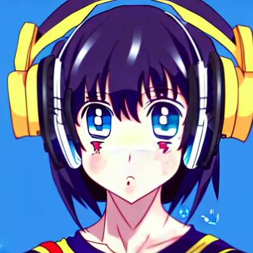 Image similar to An anime character's head wearing retro headphones. 90s anime, Sailor Moon, Neon Genesis, official art, flat cell shading, fantastic screenshot art, trending on artstation, muted nostalgic colors