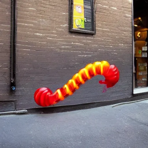 Image similar to a futuristic robotic gummi worm. dramatic product lighting. it's a gummi with extra juiciness. but it's also a worm. ick. in a magical side alley, the worm is on display in a trendy food truck display. digital reality.