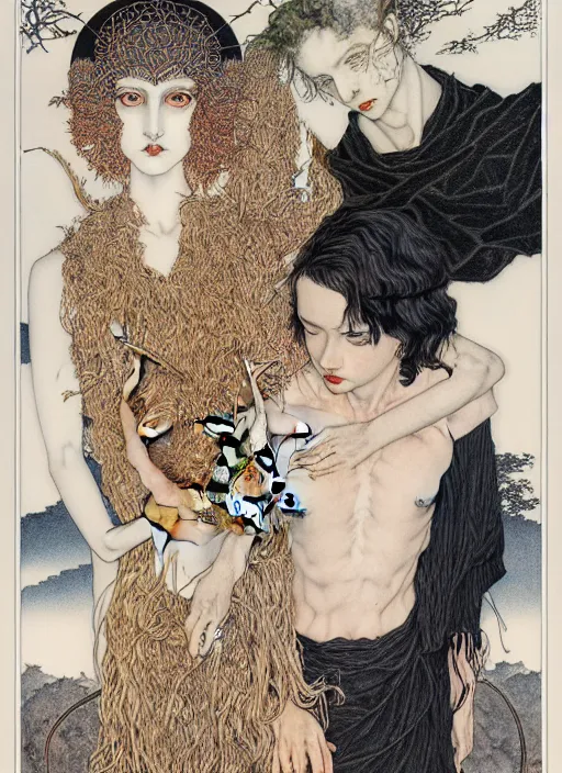 Image similar to boy, girl and a goat, by austin osman spare and Takato Yamamoto and Vania Zouravliov, high resolution