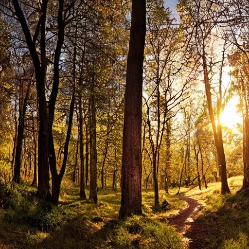 Image similar to woodland path golden hour wide angle, between the trees on the left is a portal to another land with bright sunlight inside, a silhouette of a humanoid stands in the portal, highly textured, adventurous