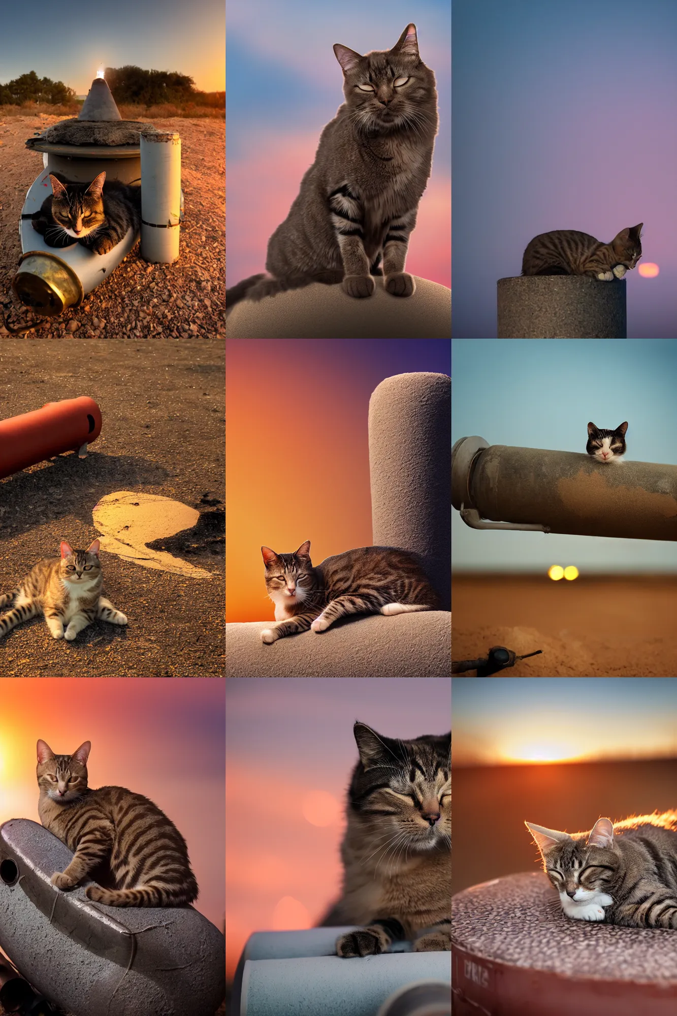 Prompt: a cat sleeping on top of an unexploded missile at sunset, golden hour, rim light, bokeh, dust particles, peaceful