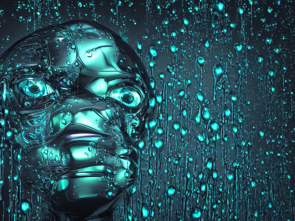 Image similar to beautiful robot by alex grey, vines dripping black iridescent liquid, water in background, moody, dramatic, introspective, 8 k, octane render, photorealistic, hyper detailed, perfect lighting