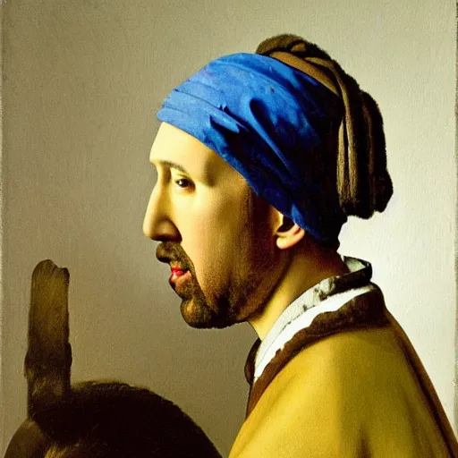 Prompt: Painting of Nicolas Cage as a dutch farmer, painted by Vermeer.