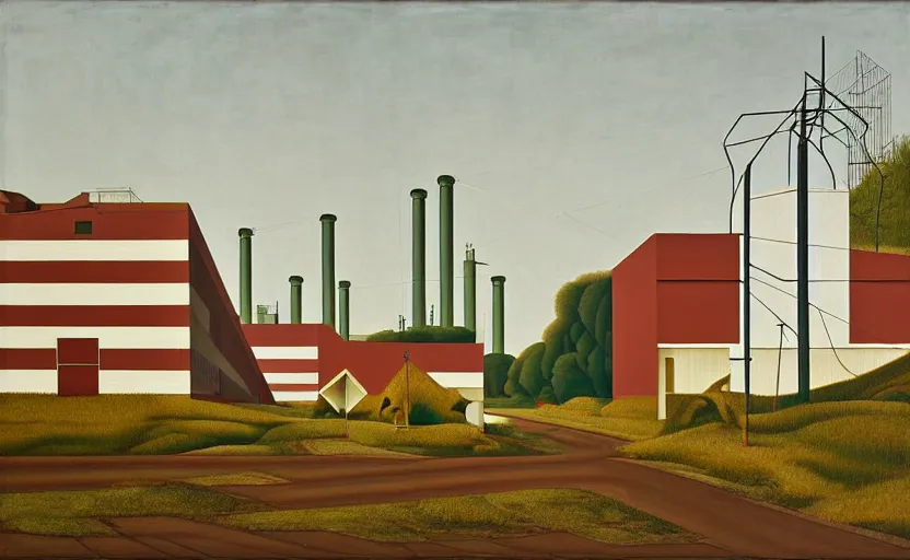 Prompt: geometric painting of industrial buildings surrounded by undergrowth by john currin