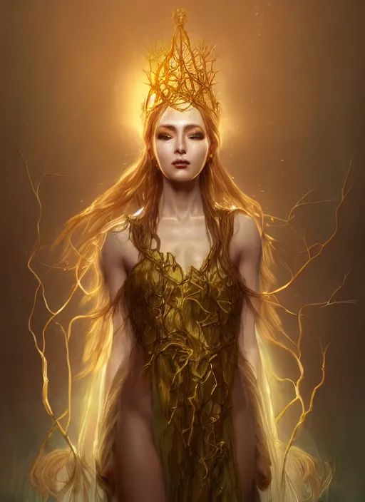 Image similar to Half-body portrait of a beautiful dryad high priestess queen with golden vine crown and white robes. In style of Hyung-tae Kim and Greg Rutkowski, concept art, trending on ArtStation, Korean MMORPG, over-detailed art, 8K, epic, dynamic lightning, dramatic pose.