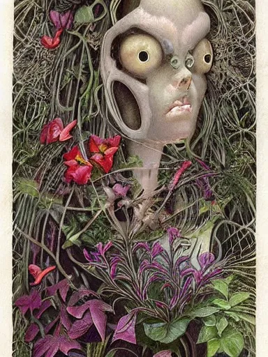 Image similar to The Hanging-Gardens of Pareidolia, lobelia, ivy, verbena and pothos growing facial features and optical-illusions, aesthetic!!!!!!!!!!, by Gerald Brom in the style of Johfra Bosschart in the style of,